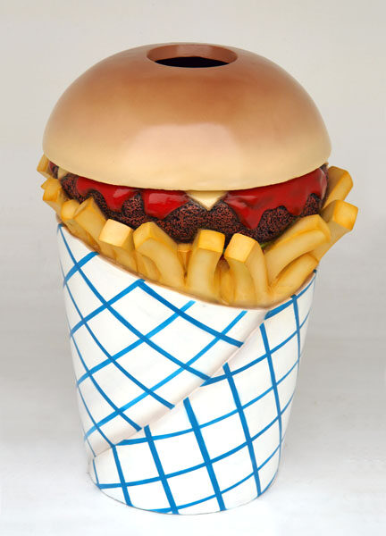 Werbefigur /  Gastronomie -  Hamburger mit Pommes  in XL  -  105 cm  -  Mülleimer
